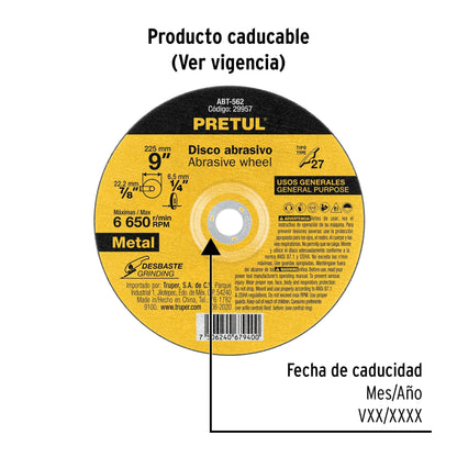 Disco Tipo 27 de 9' x 6.2 mm desbaste de metal, Pretul | ABT-562 | 29957