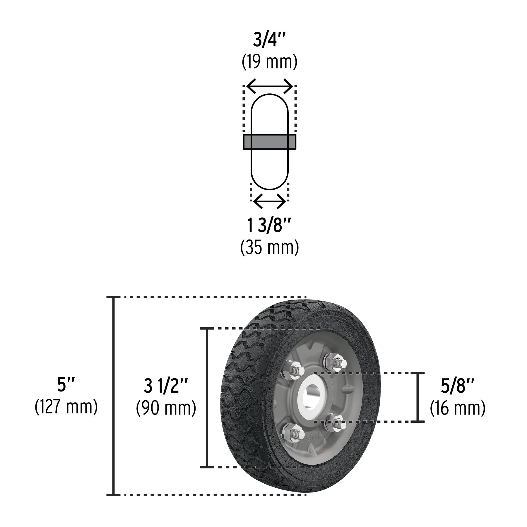 Rueda de hule sólido 5' para diablo, un balero, Pretul | RD-51 | 45478