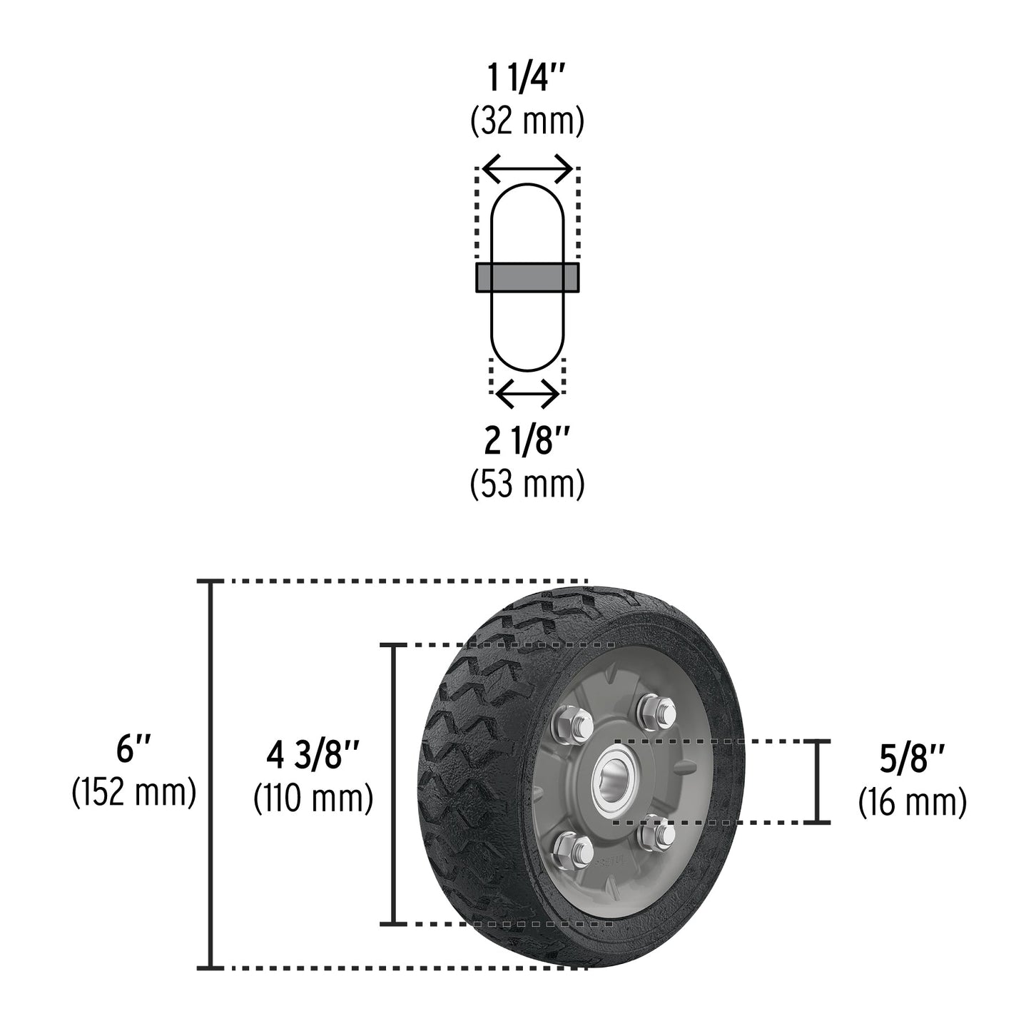 Rueda de hule sólido 6' para diablo, doble balero, Pretul | RD-62 | 45480