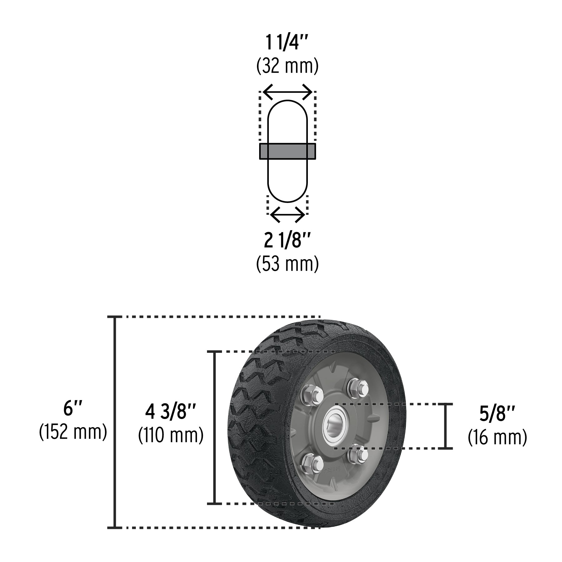 Rueda de hule sólido 6' para diablo, doble balero, Pretul | RD-62 | 45480