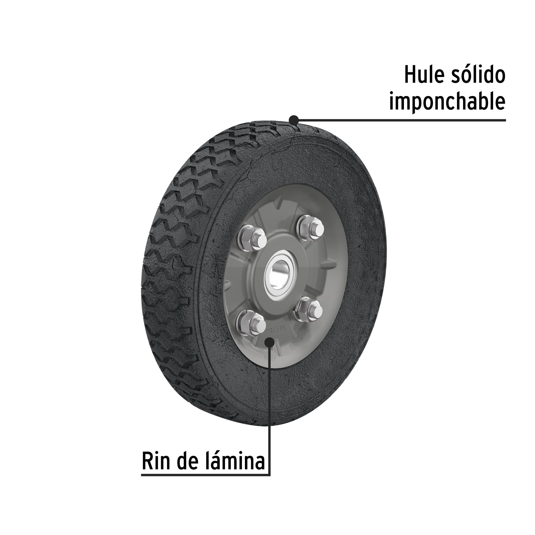 Rueda de hule sólido 7' para diablo, un balero, Pretul | RD-71 | 45482
