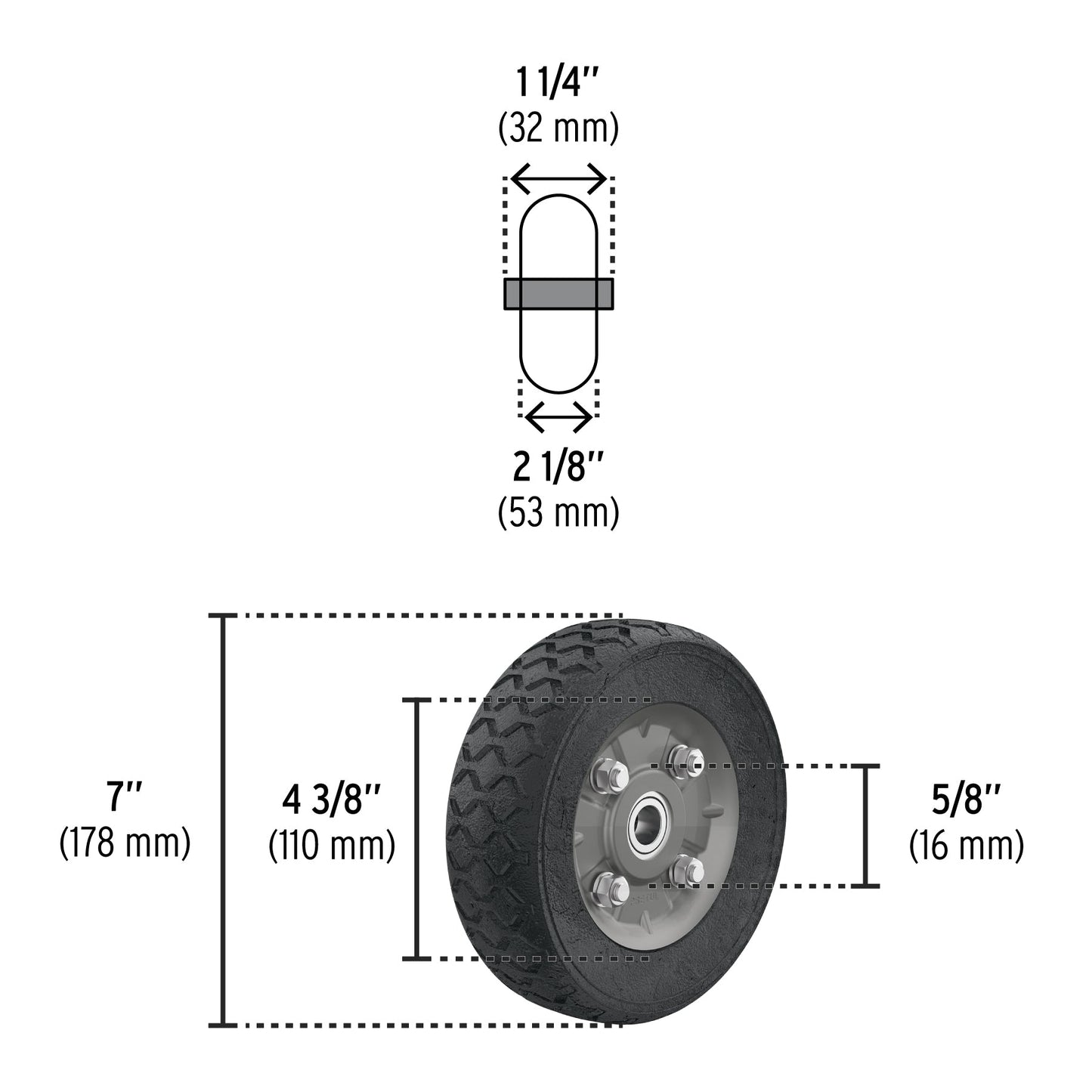 Rueda de hule sólido 7' para diablo, doble balero, Pretul | RD-72 | 45483