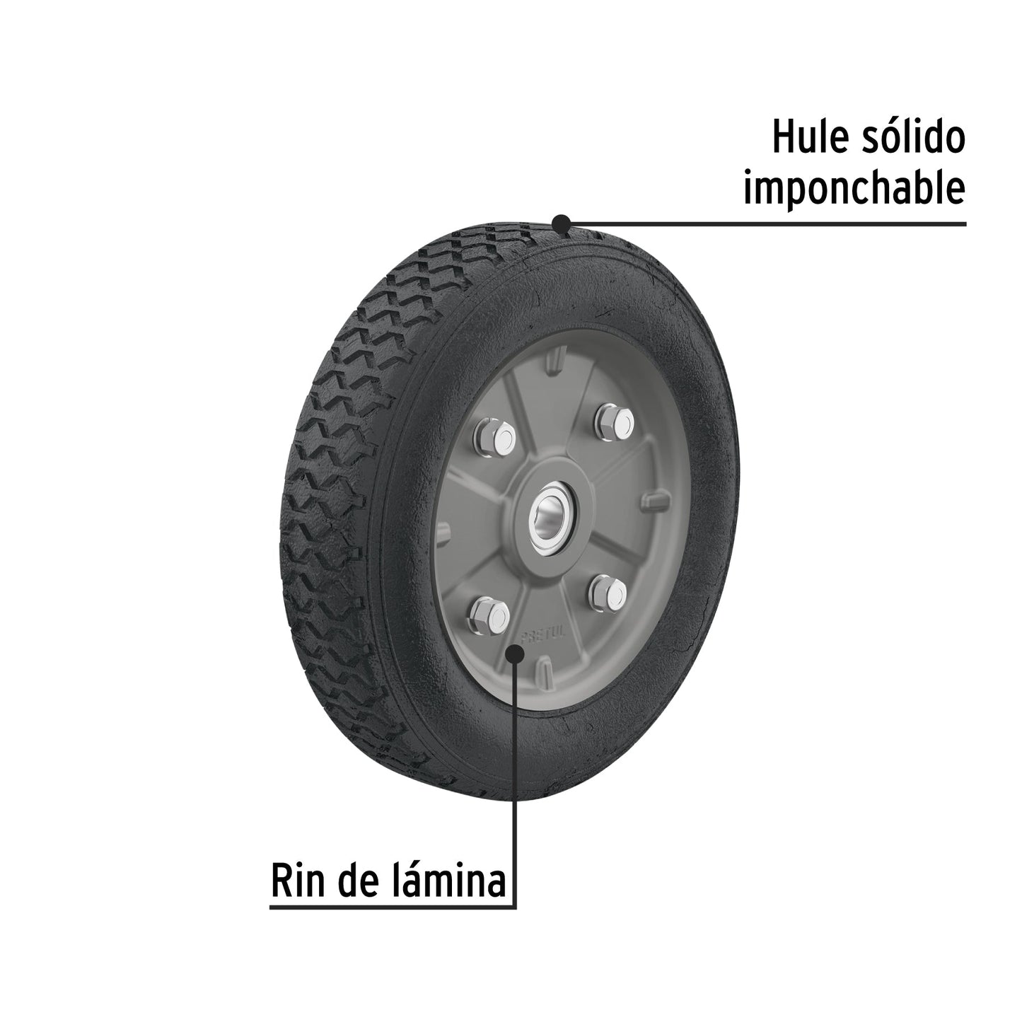 Rueda de hule sólido 9' para diablo, doble balero, Pretul | RD-92 | 45487