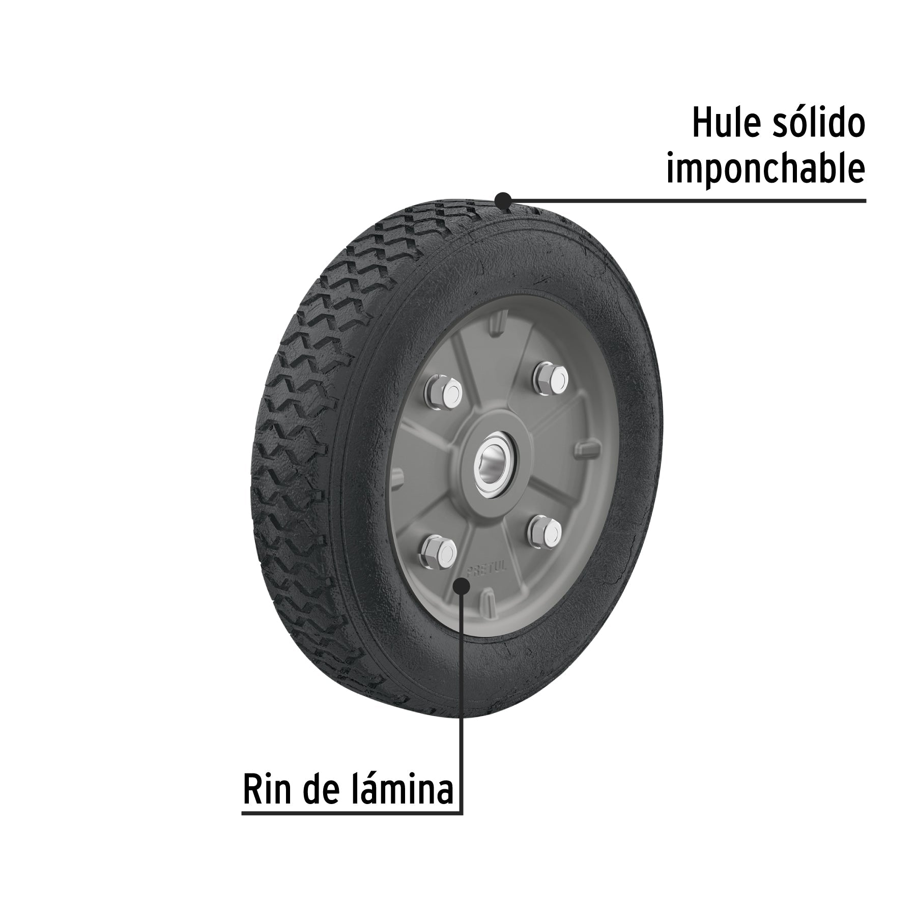 Rueda de hule sólido 9' para diablo, doble balero, Pretul | RD-92 | 45487