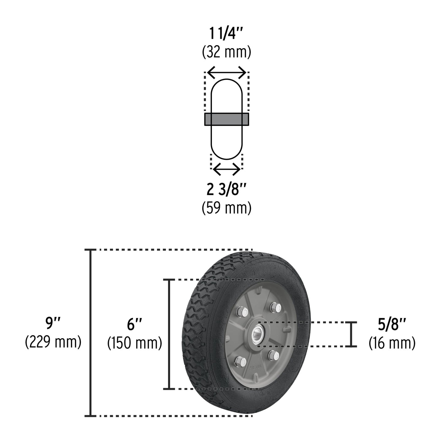 Rueda de hule sólido 9' para diablo, doble balero, Pretul | RD-92 | 45487