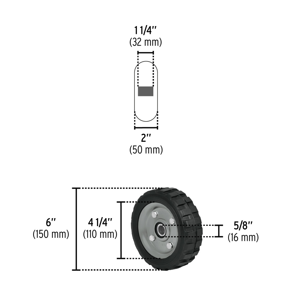 RD-62 | Rueda de hule sólido 6' para diablo, doble balero, Pretul