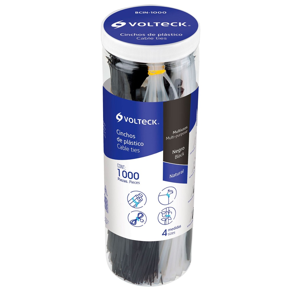 BCIN-1000 | Bote con 1000 cinchos plásticos negros y naturales, Volteck