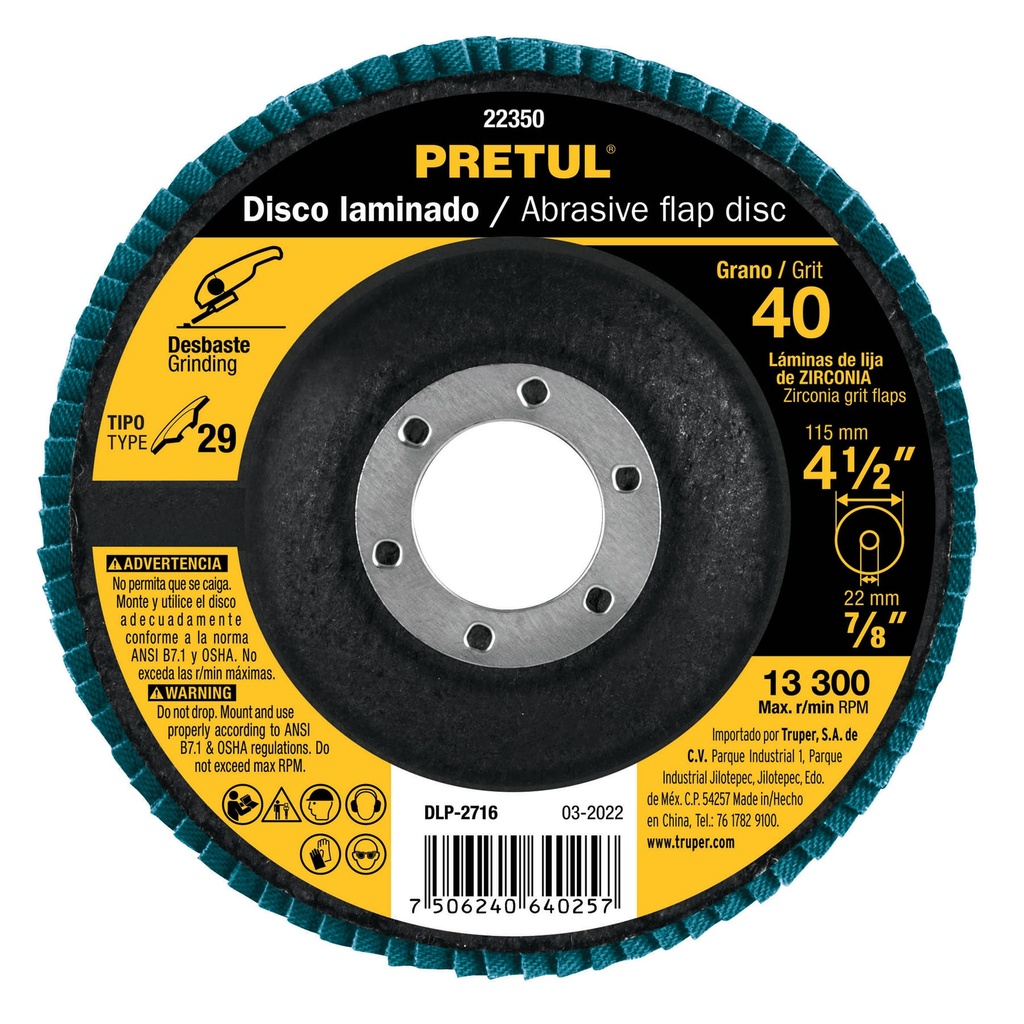 DLP-2716 | Disco 4-1/2' laminado grano 40 centro 7/8', Pretul