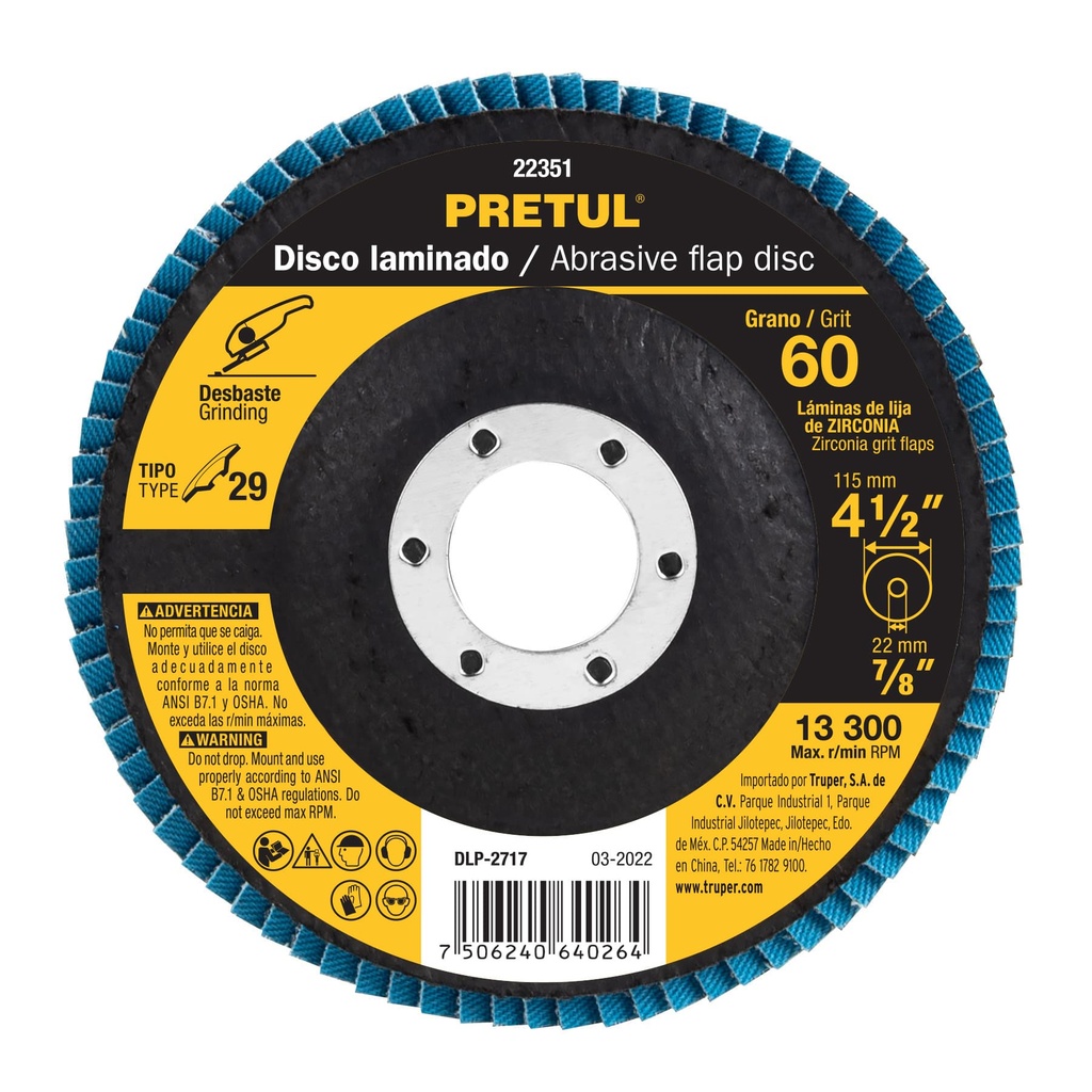 DLP-2717 | Disco 4-1/2' laminado grano 60 centro 7/8', Pretul
