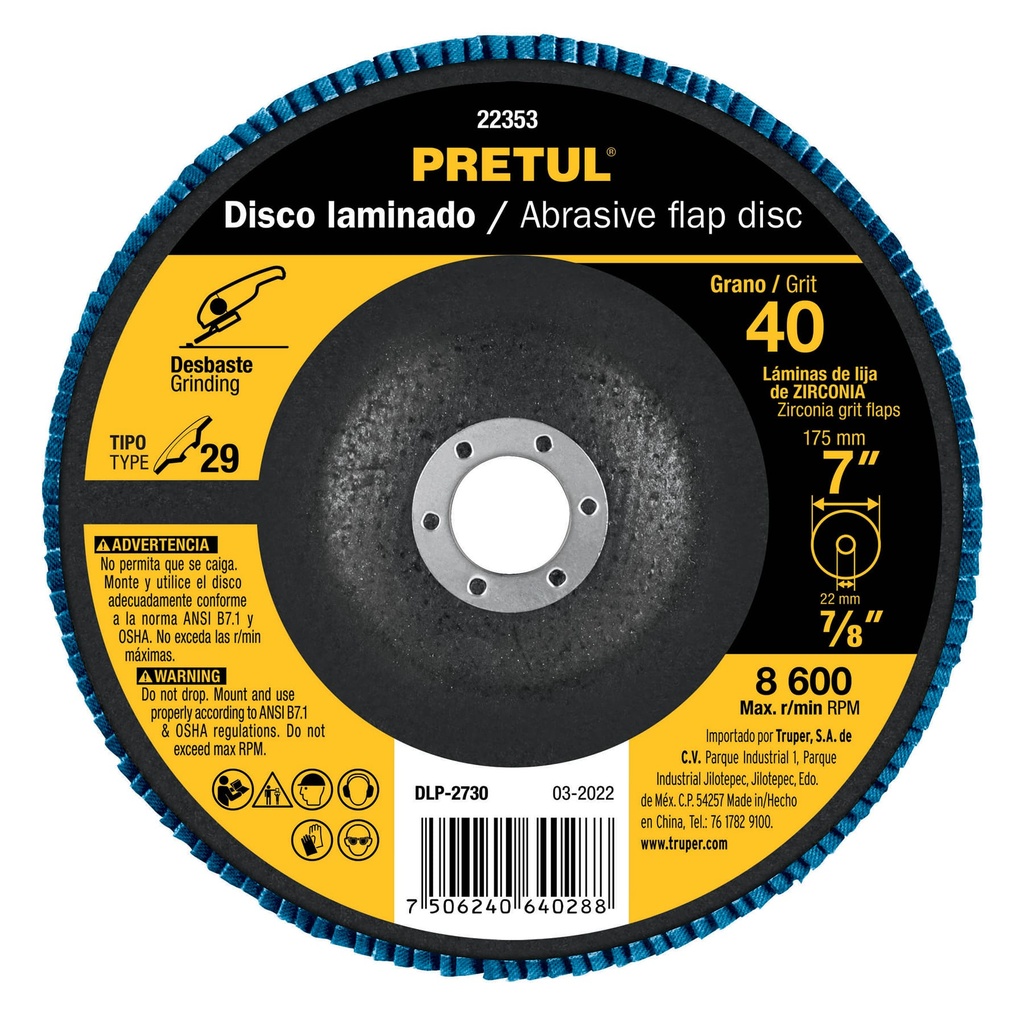 DLP-2730 | Disco 7' laminado grano 40 centro 7/8', Pretul