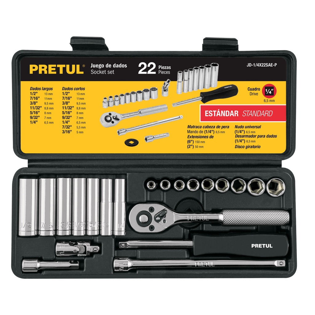 JD-1/4X22SAE-P | Juego de 22 herramientas 1/4' std para mecánico, Pretul