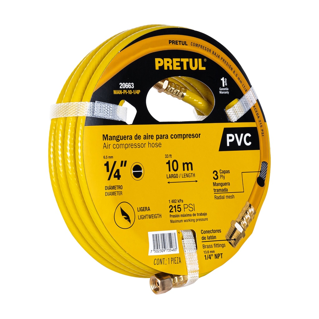 MAN-PI-10-1/4P | Manguera de PVC para compresor, 10 m x 1/4', Pretul