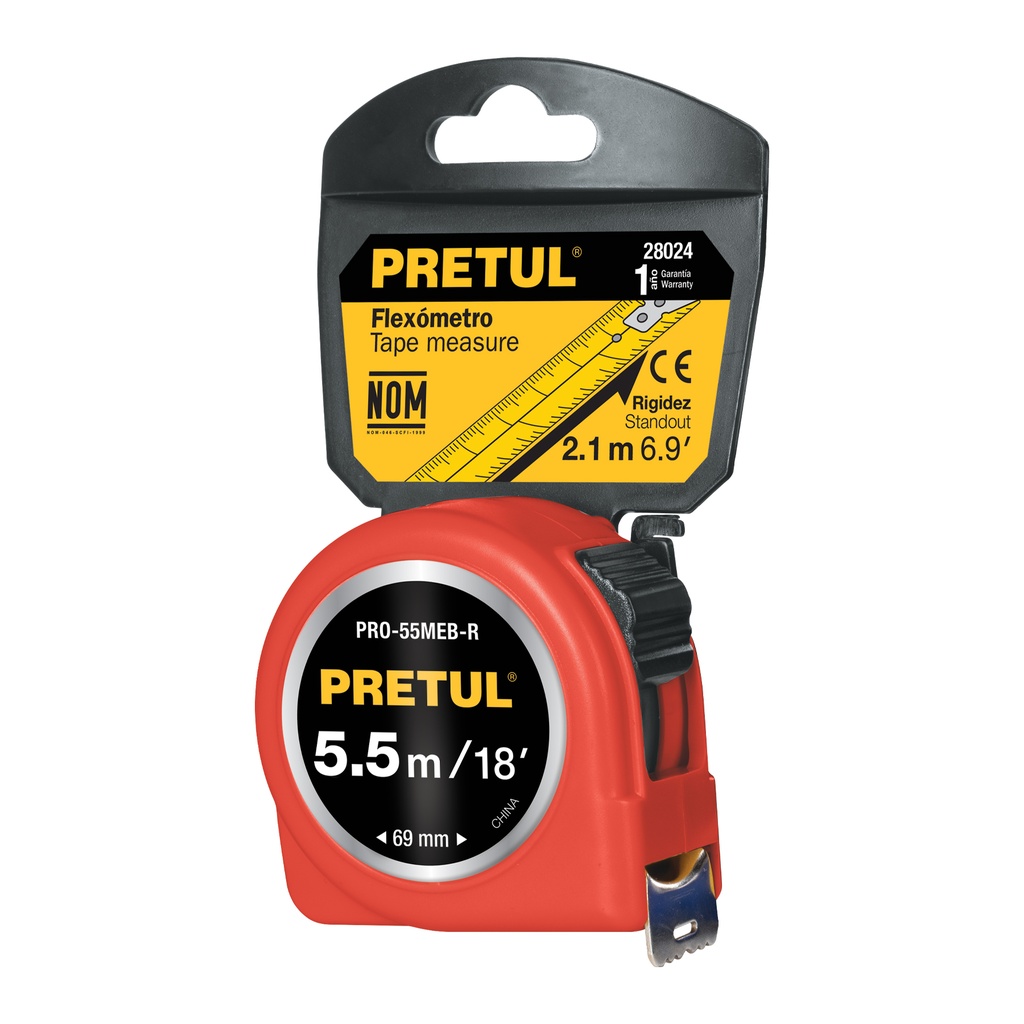 PRO-55MEB-R | Flexómetro verde 5.5 m cinta 25 mm, en tarjeta, Pretul