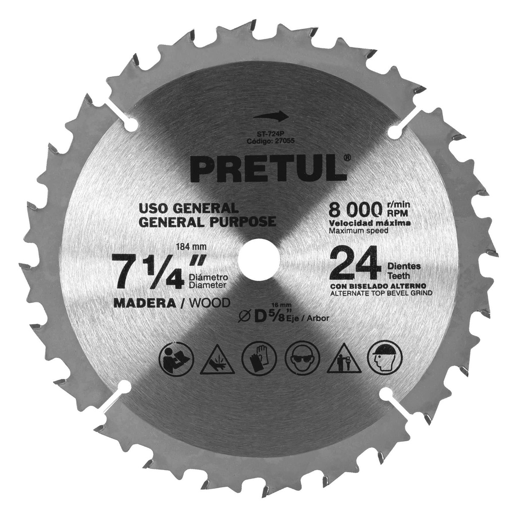 ST-724P | Disco sierra 7-1/4' p/madera, 24 dientes centro 5/8', Pretul
