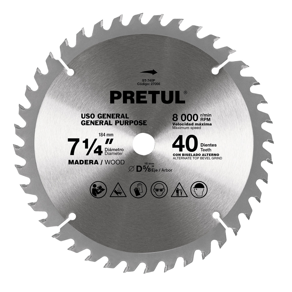 ST-740P | Disco sierra 7-1/4' p/madera, 40 dientes centro 5/8', Pretul