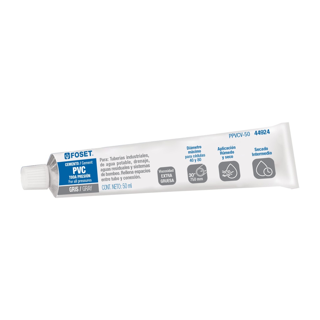 PPVCV-50 | Cemento para PVC en tubo de 50 ml, alta viscosidad, Foset
